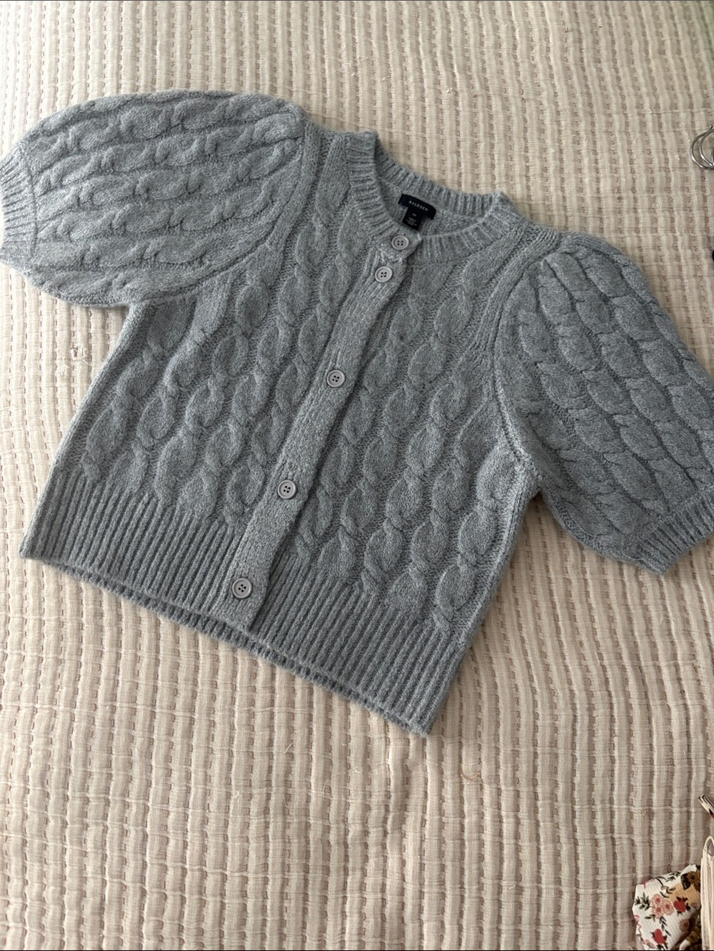 Halogen Gray Cable-Knit Puff Sleeve Cardigan (NWOT)